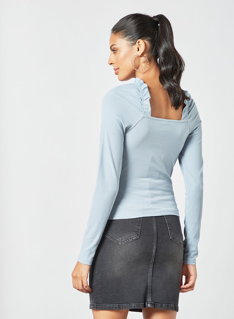 PIECES - Ribbed Long Sleeve Blouse Blue - Image 1