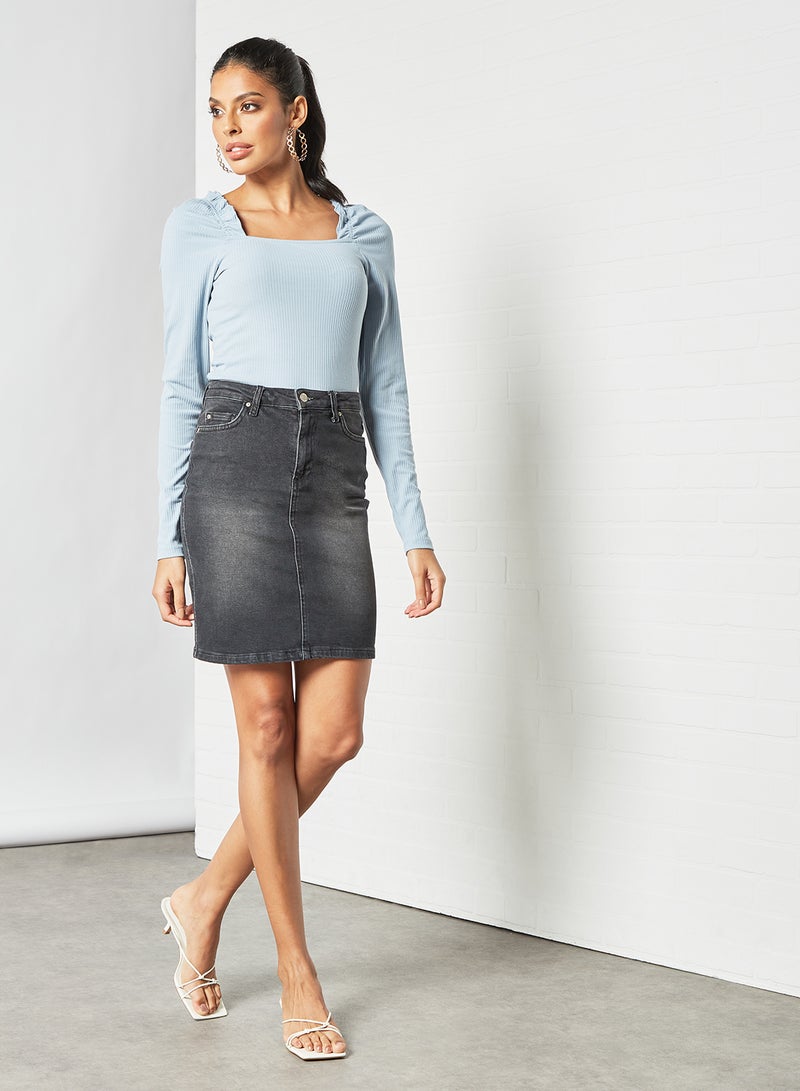 PIECES - Ribbed Long Sleeve Blouse Blue - Image 1