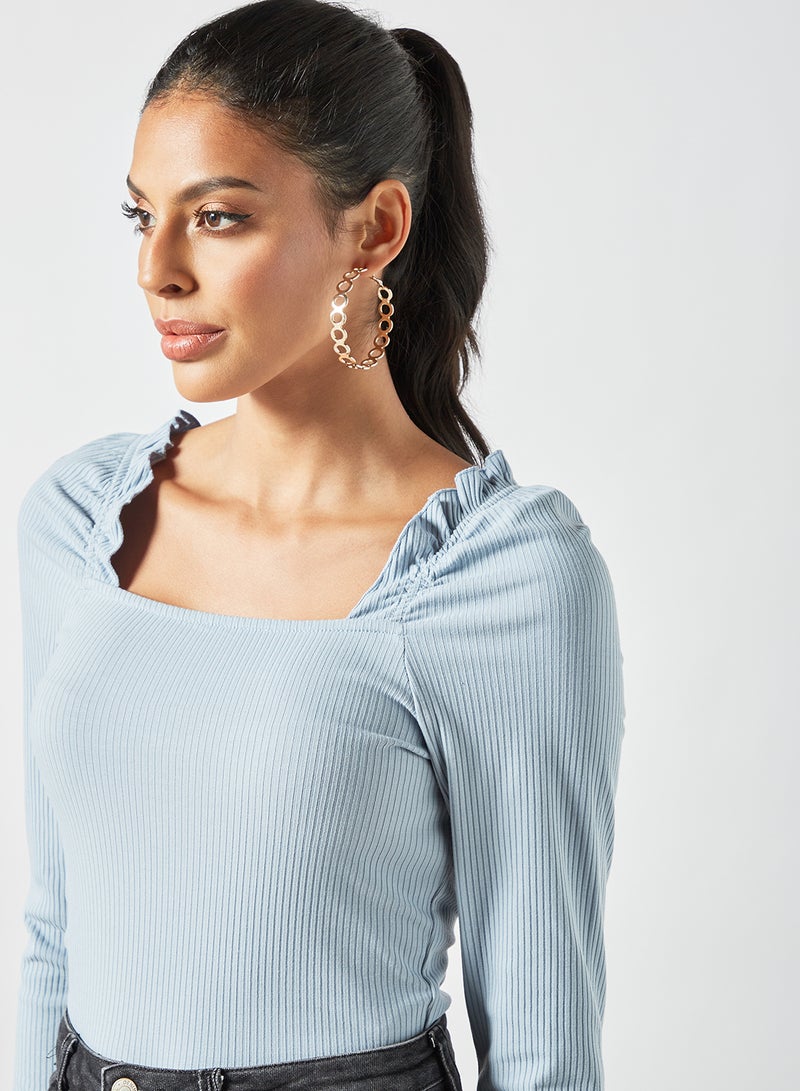PIECES - Ribbed Long Sleeve Blouse Blue - Image 1
