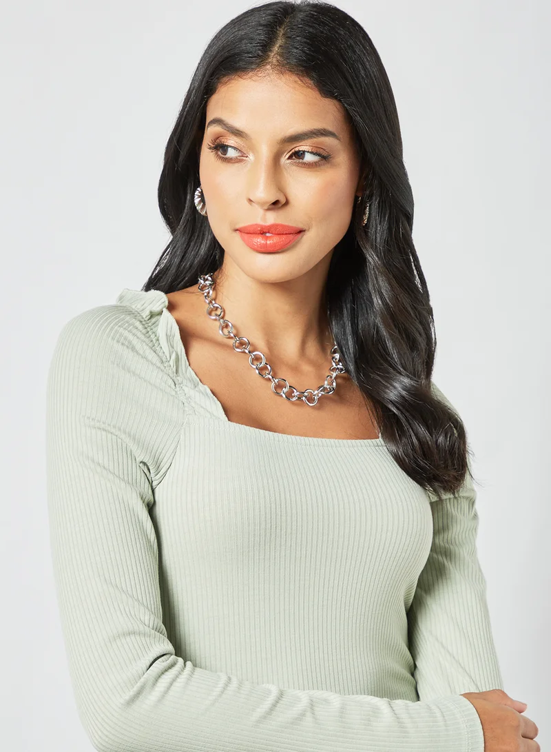 PIECES Ribbed Long Sleeve Blouse Green