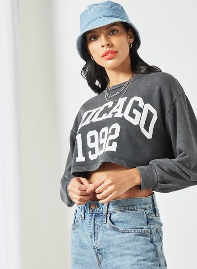 PIECES Slogan Crop Sweatshirt Dark Grey