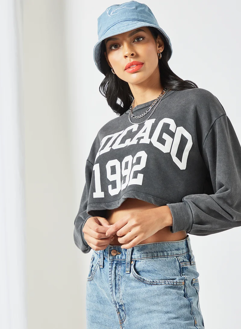 PIECES Slogan Crop Sweatshirt Dark Grey
