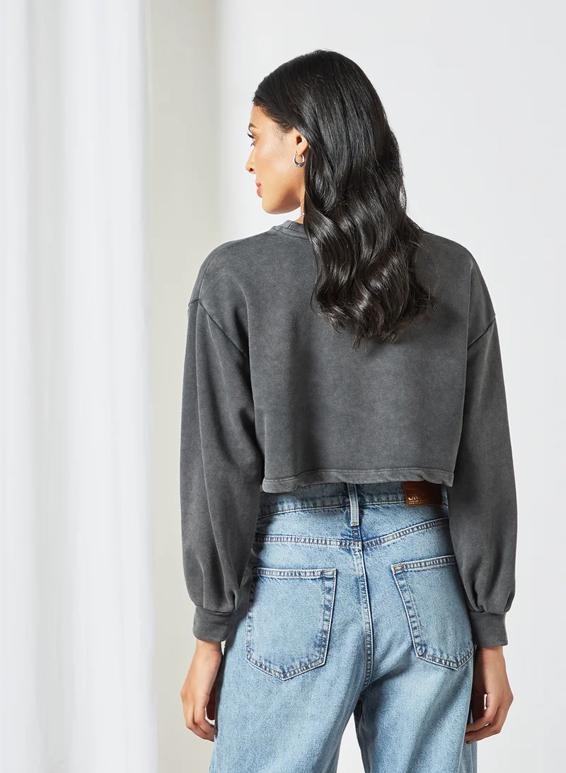 PIECES Slogan Crop Sweatshirt Dark Grey