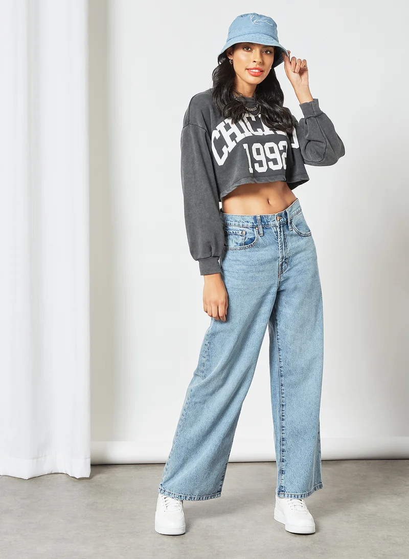 PIECES Slogan Crop Sweatshirt Dark Grey