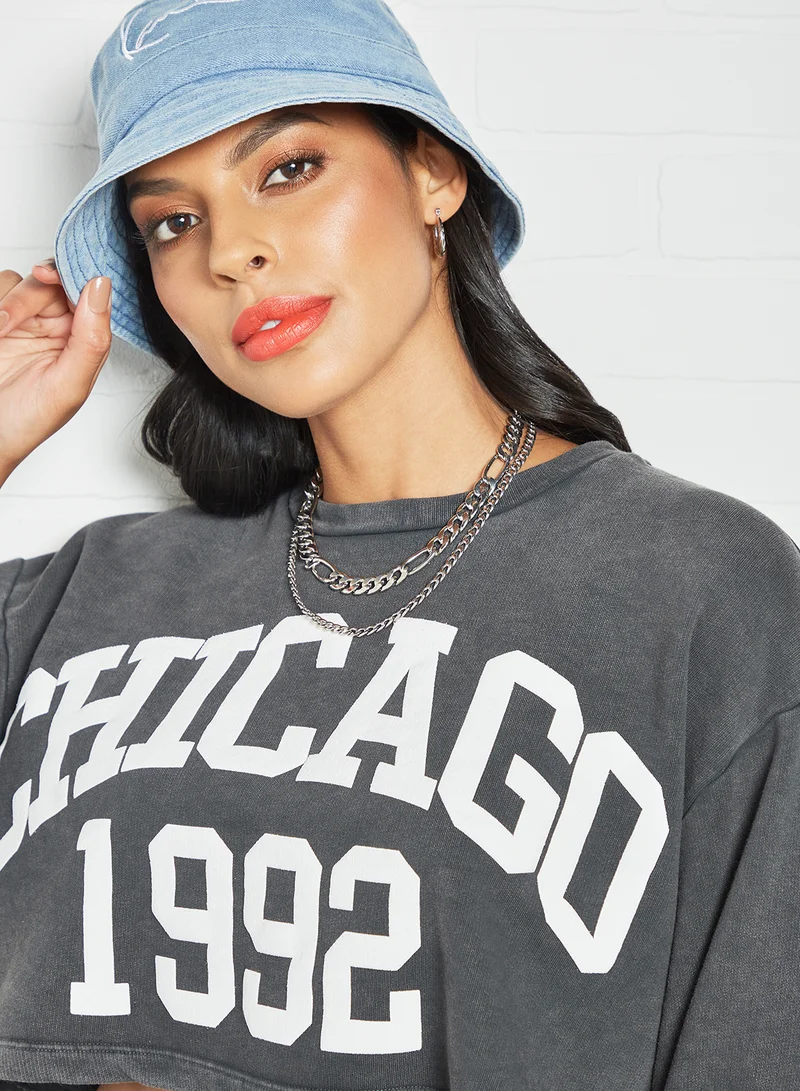 PIECES Slogan Crop Sweatshirt Dark Grey