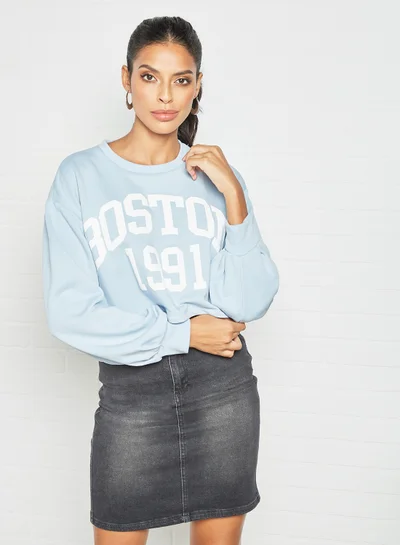 PIECES Slogan Crop Sweatshirt Blue