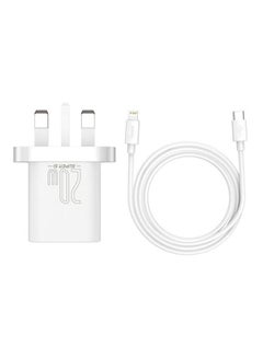بيسوس طقم شاحن بمقبس جداري ومنفذ USB مع كابل Lightning بمنفذ Type C يدعم الشحن السريع بتقنية PD وقدرة 20 وات متوافق مع آي باد 9 الجديد وآي باد برو 2021 وهواتف آيفون 13/13 برو/13 برو ماكس/13 ميني/12 برو/11 برو أبيض  - Image 1