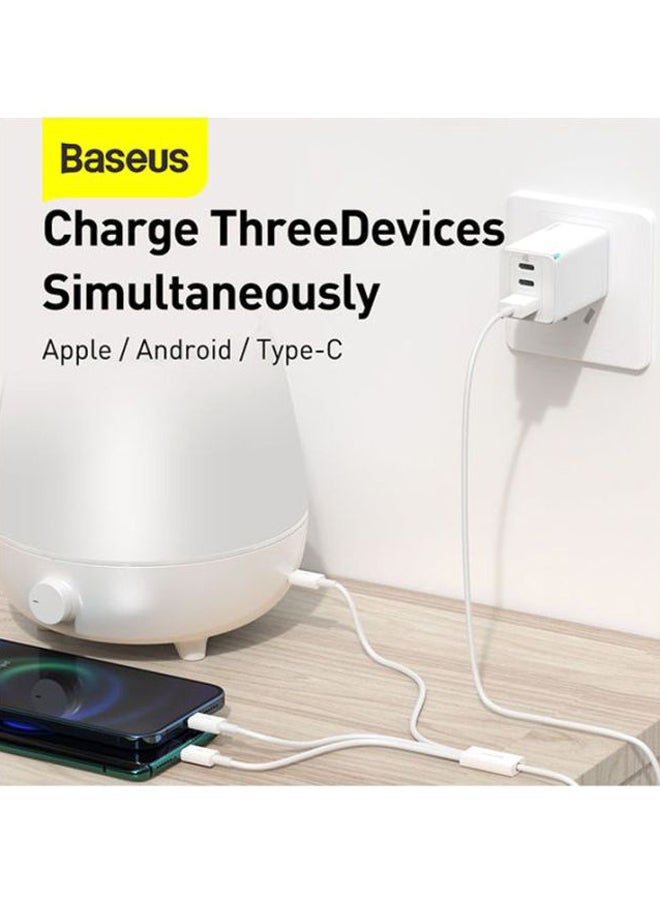 Baseus - 3 in 1 Multi Fast Charging Cable, Compatible with iPhone/Type C/Micro USB Connector for iPhone, iPad, Micro USB, Type C Smartphones, Supports Fast Charging, Smart 3 Port Charging Cable White - Image 1