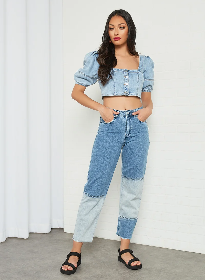 LOST INK High Waist Cut and Sew Straight Jeans