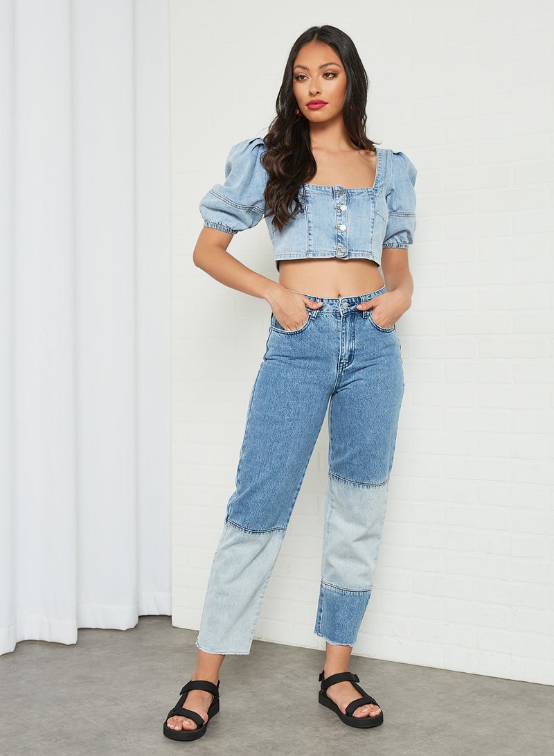 LOST INK High Waist Cut and Sew Straight Jeans Blue  - Image 2