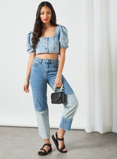 LOST INK Puff Sleeve Denim Crop Top Blue  - Image 2