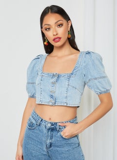 LOST INK Puff Sleeve Denim Crop Top Blue  - Image 1