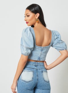 LOST INK Puff Sleeve Denim Crop Top Blue  - Image 4