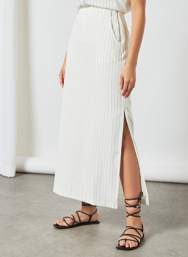 Side Slit Striped Skirt White