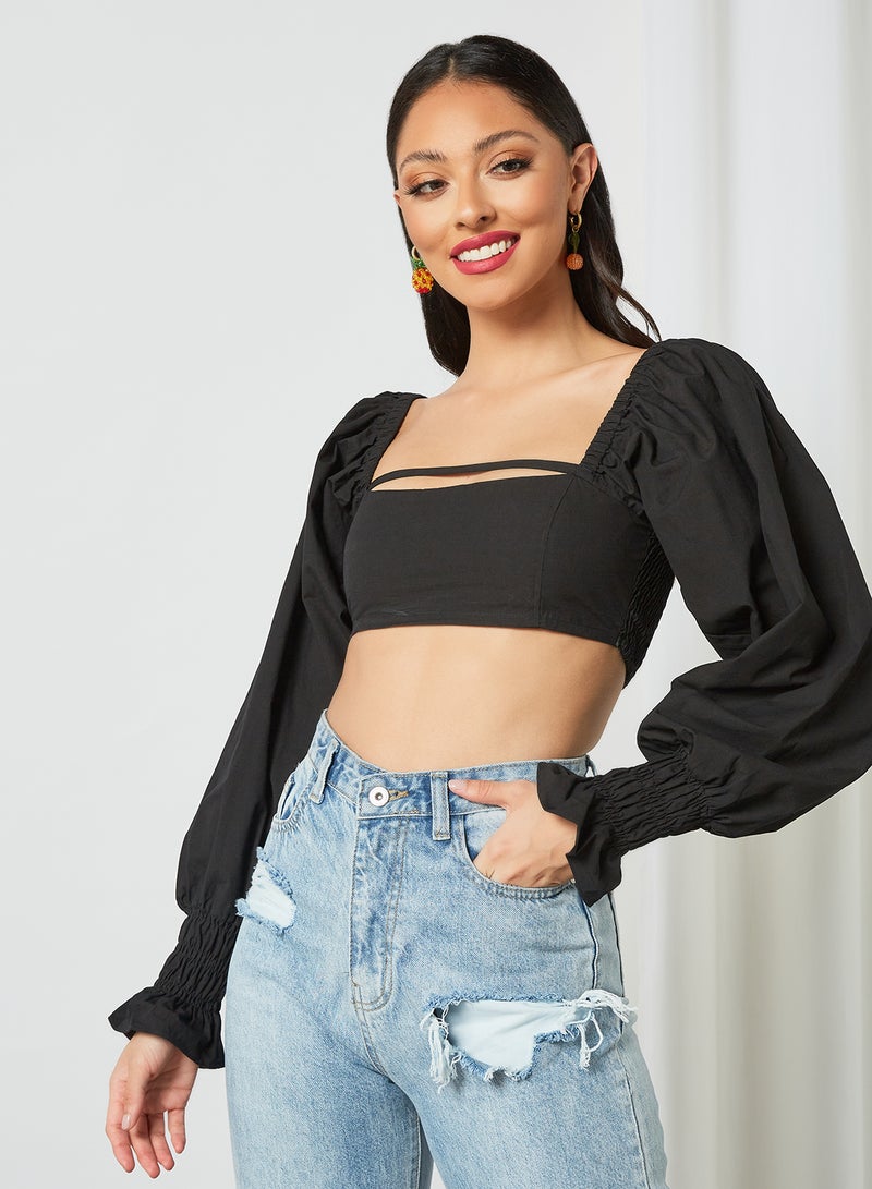 LOST INK Puff Sleeve Crop Top Black  - Image 1