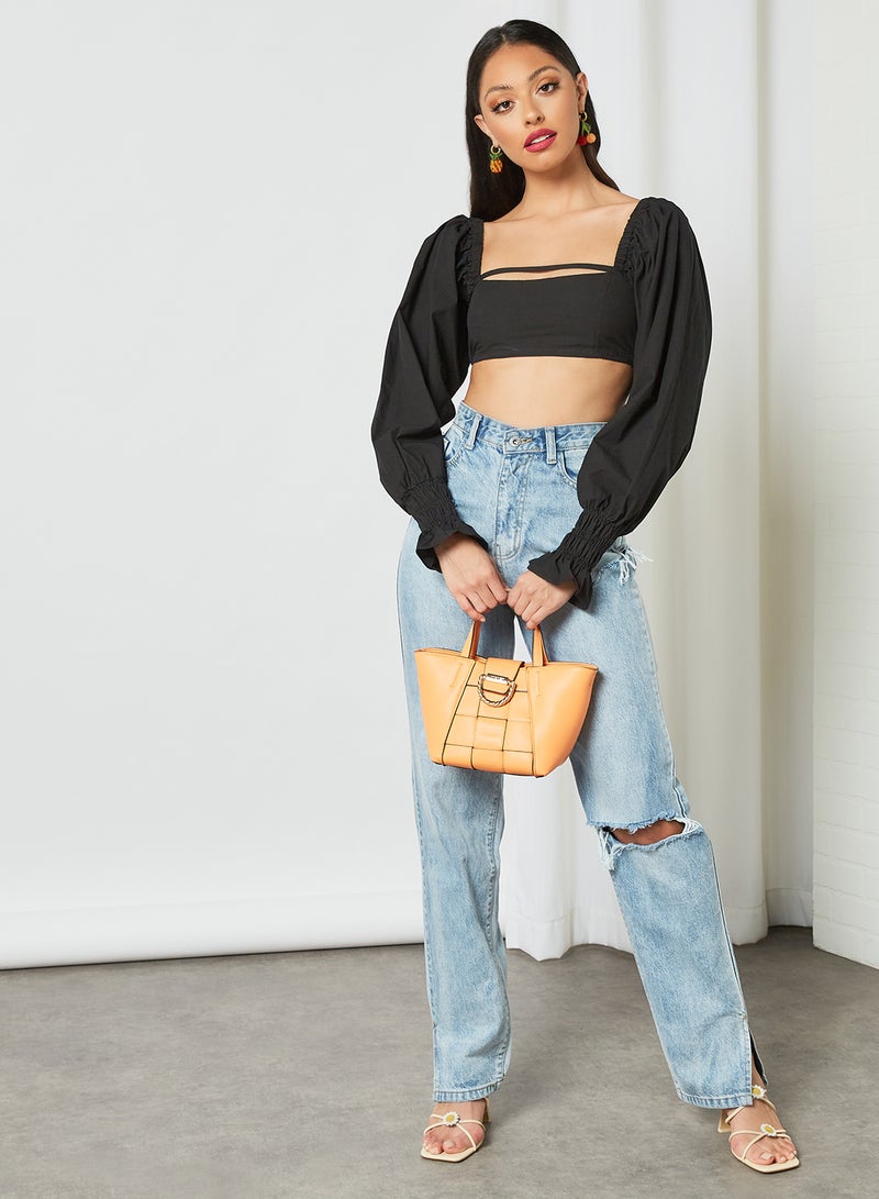 LOST INK Puff Sleeve Crop Top Black  - Image 2