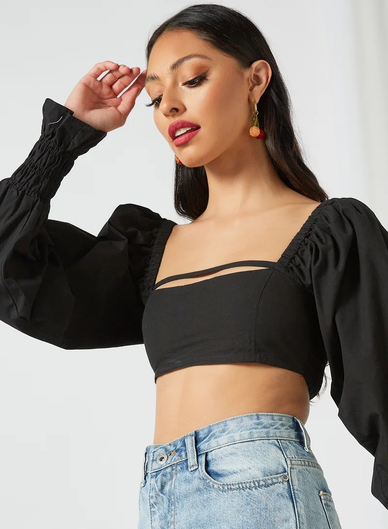 LOST INK Puff Sleeve Crop Top Black