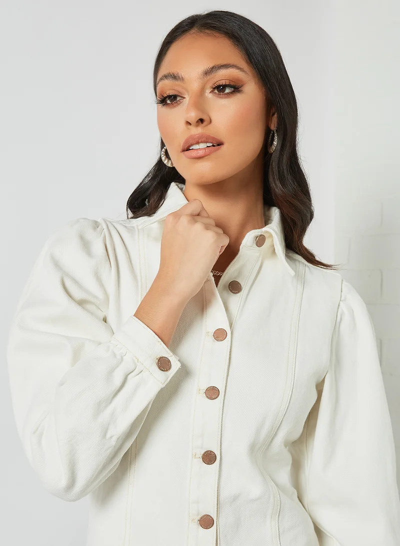 LOST INK Puff Sleeve Denim Dress White
