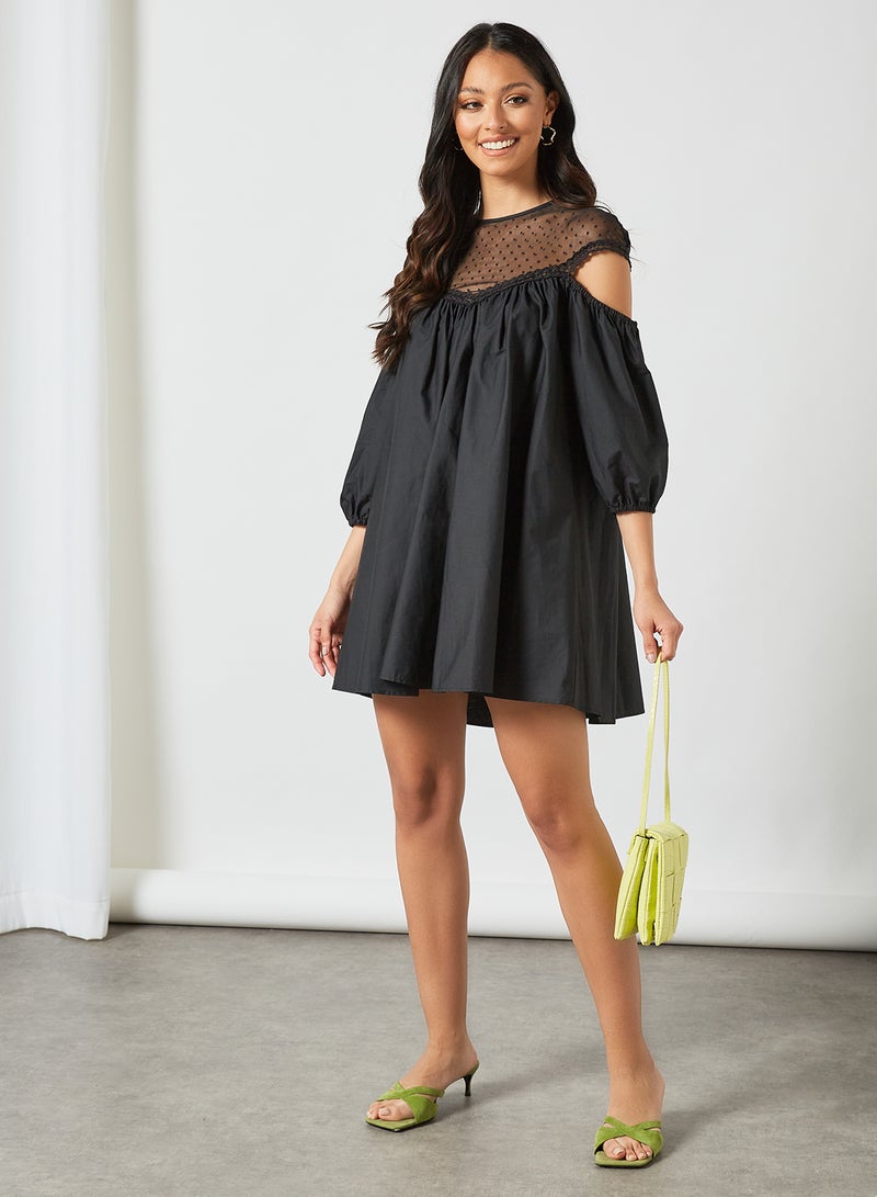 Sheer Yoke Cold Shoulder Dress Black - v1623825741/N46787721V_2