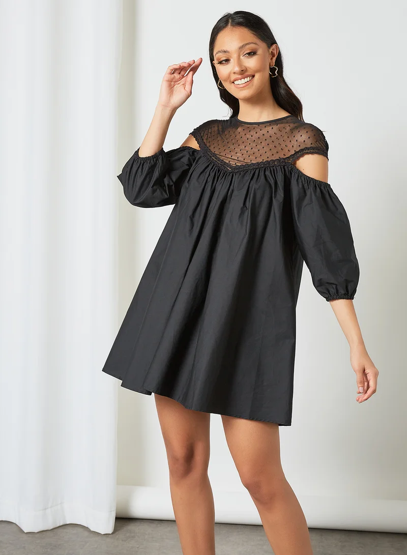 LOST INK Sheer Yoke Cold Shoulder Dress