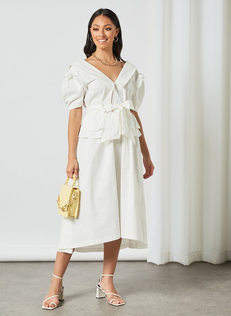 LOST INK Tie Waist Poplin Midi Dress White - Image 1