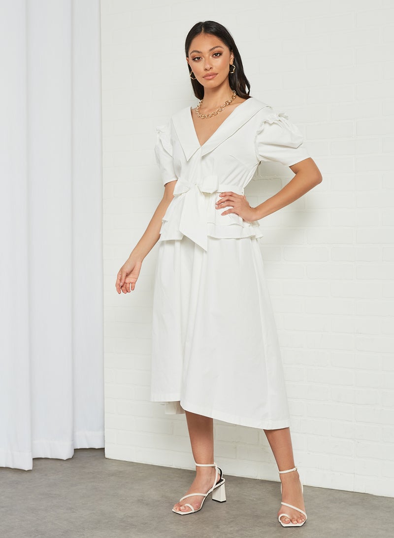LOST INK Tie Waist Poplin Midi Dress White - Image 3