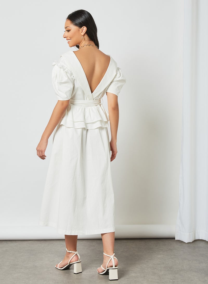 LOST INK Tie Waist Poplin Midi Dress White - Image 4