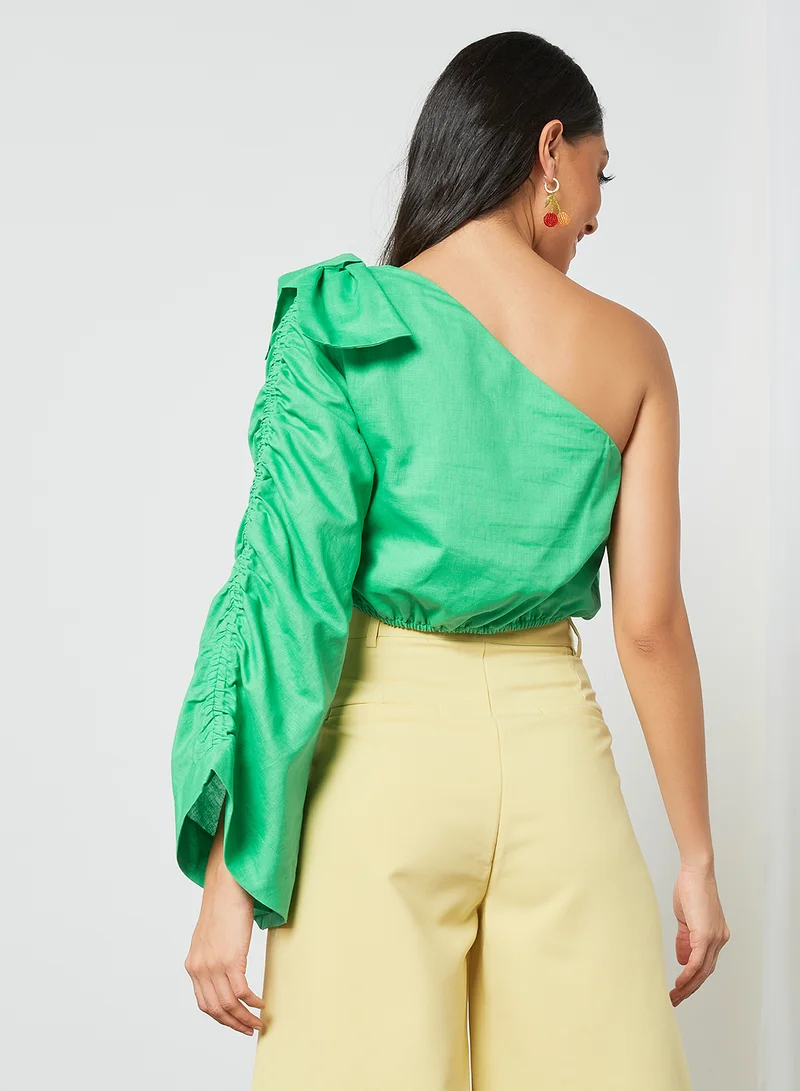 LOST INK One-Shoulder Ruched Detail Crop Top Green