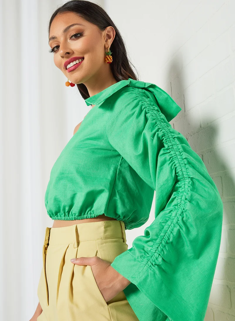 LOST INK One-Shoulder Ruched Detail Crop Top Green