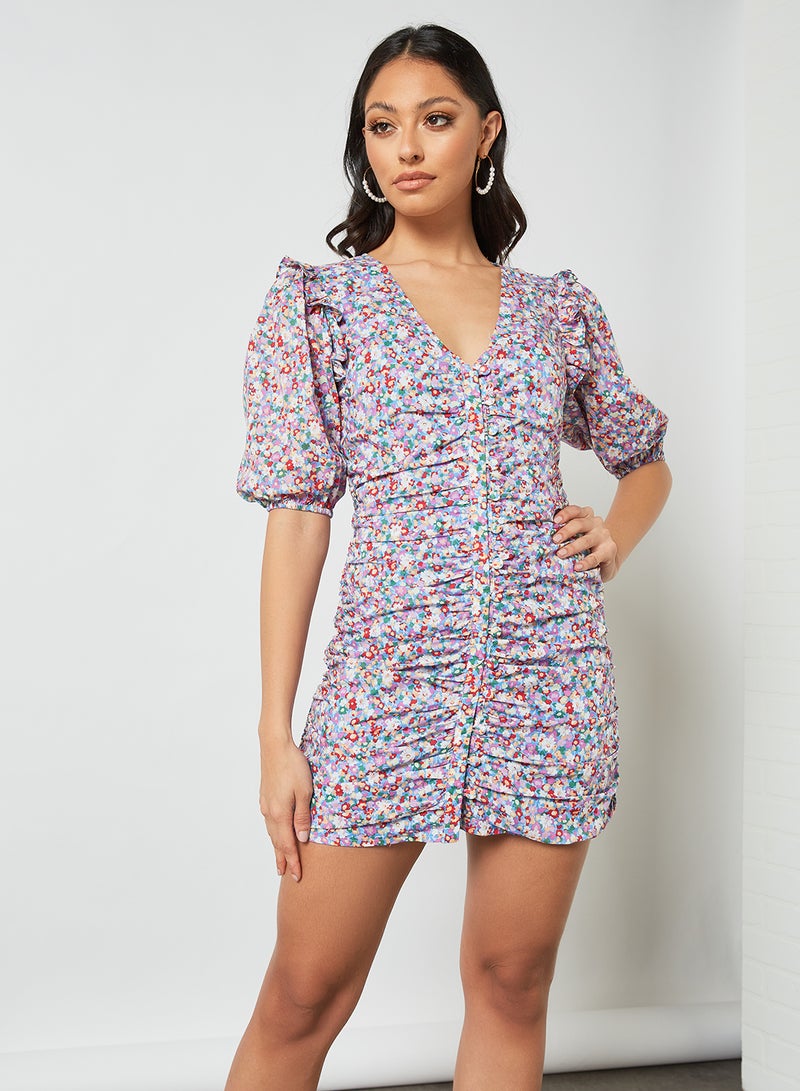 LOST INK - Ditsy Print Ruched Front Dress Multicolour - Image 1