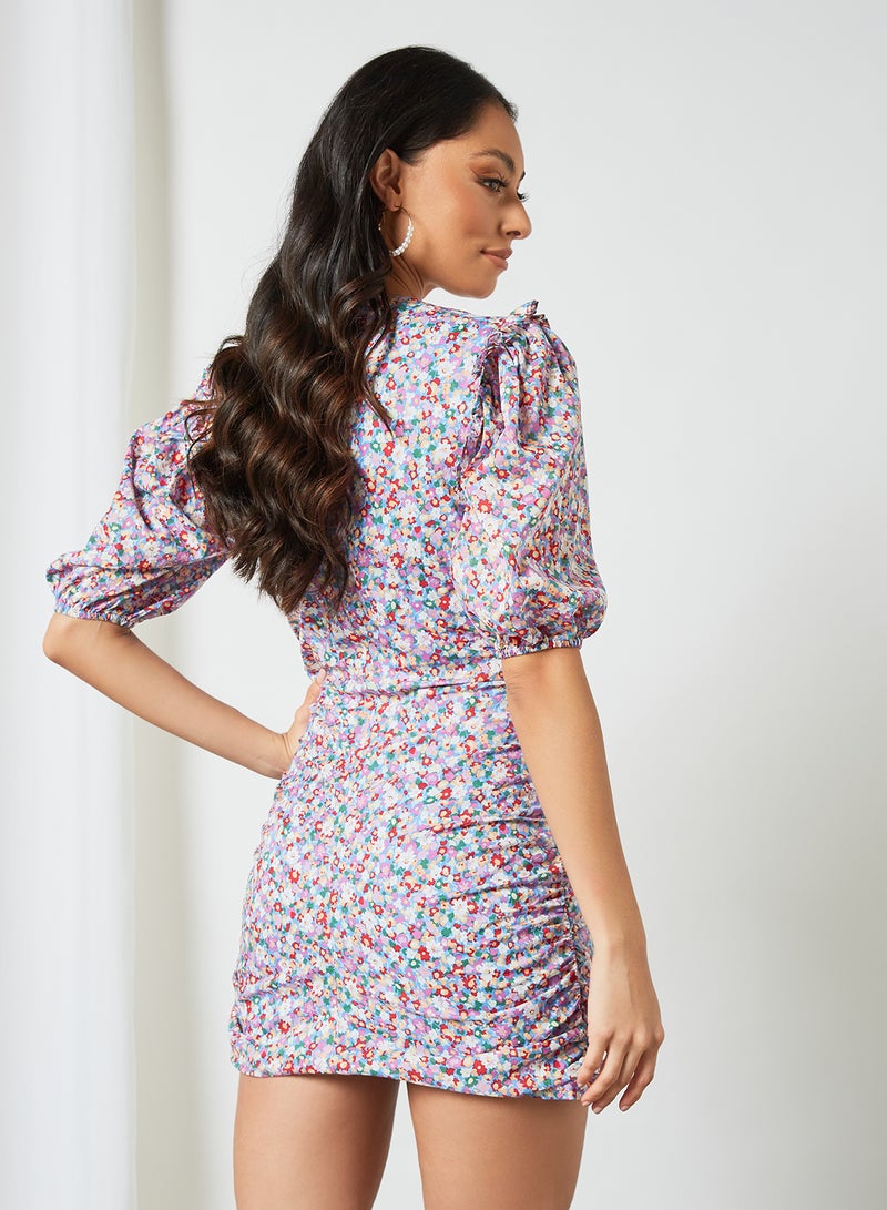 LOST INK - Ditsy Print Ruched Front Dress Multicolour - Image 1