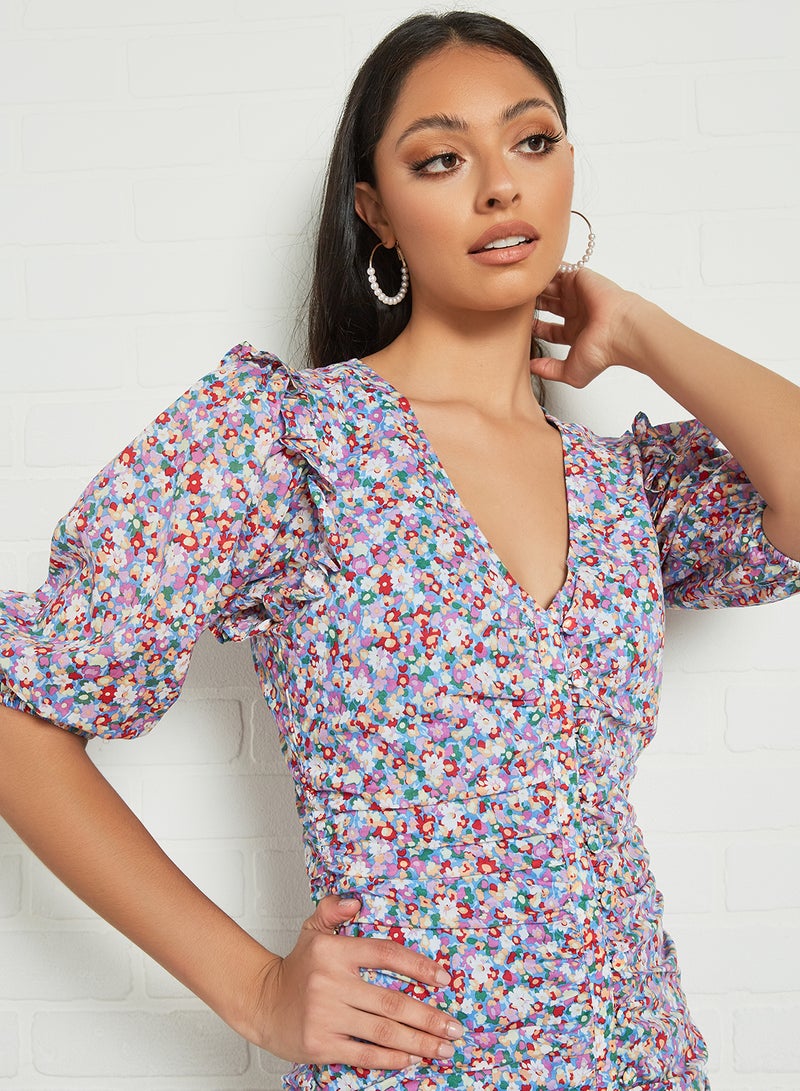 LOST INK - Ditsy Print Ruched Front Dress Multicolour - Image 1
