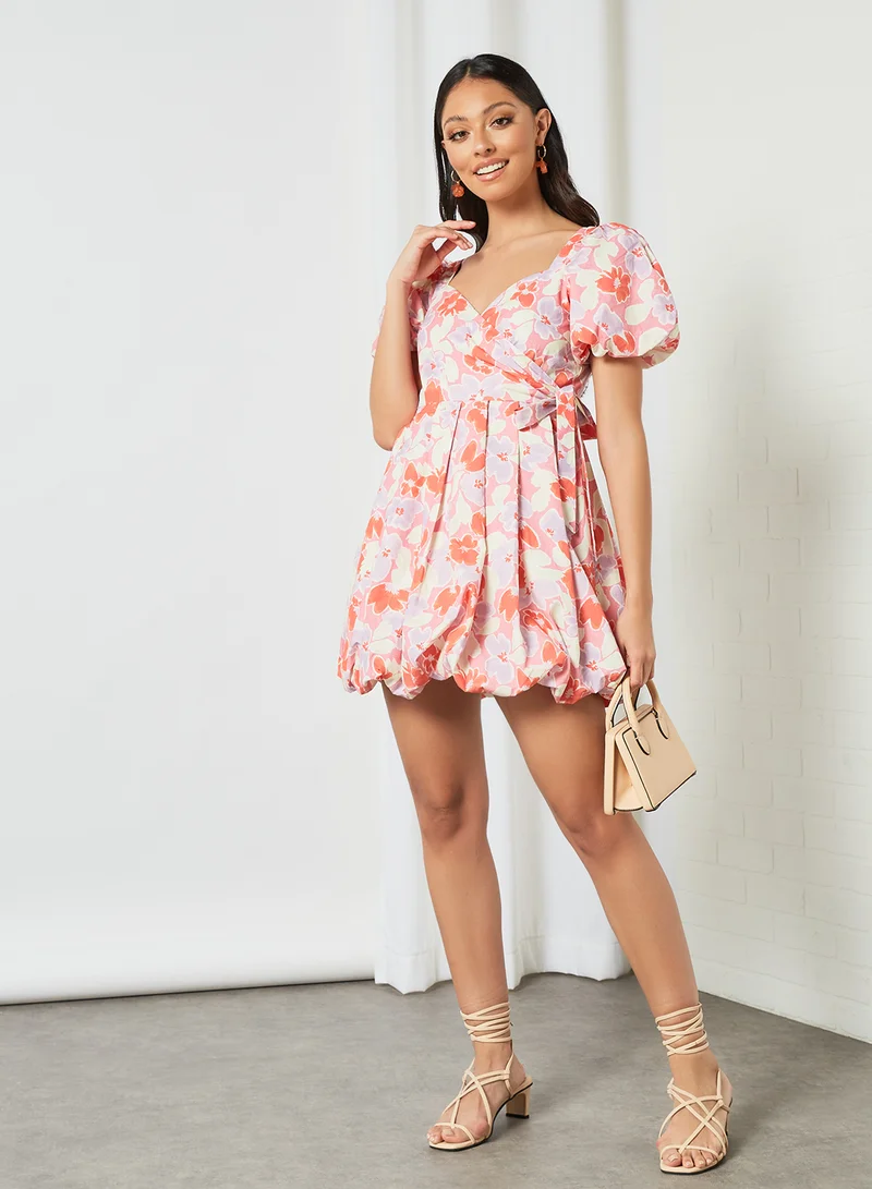 LOST INK Floral Print Puff Sleeve Wrap Dress