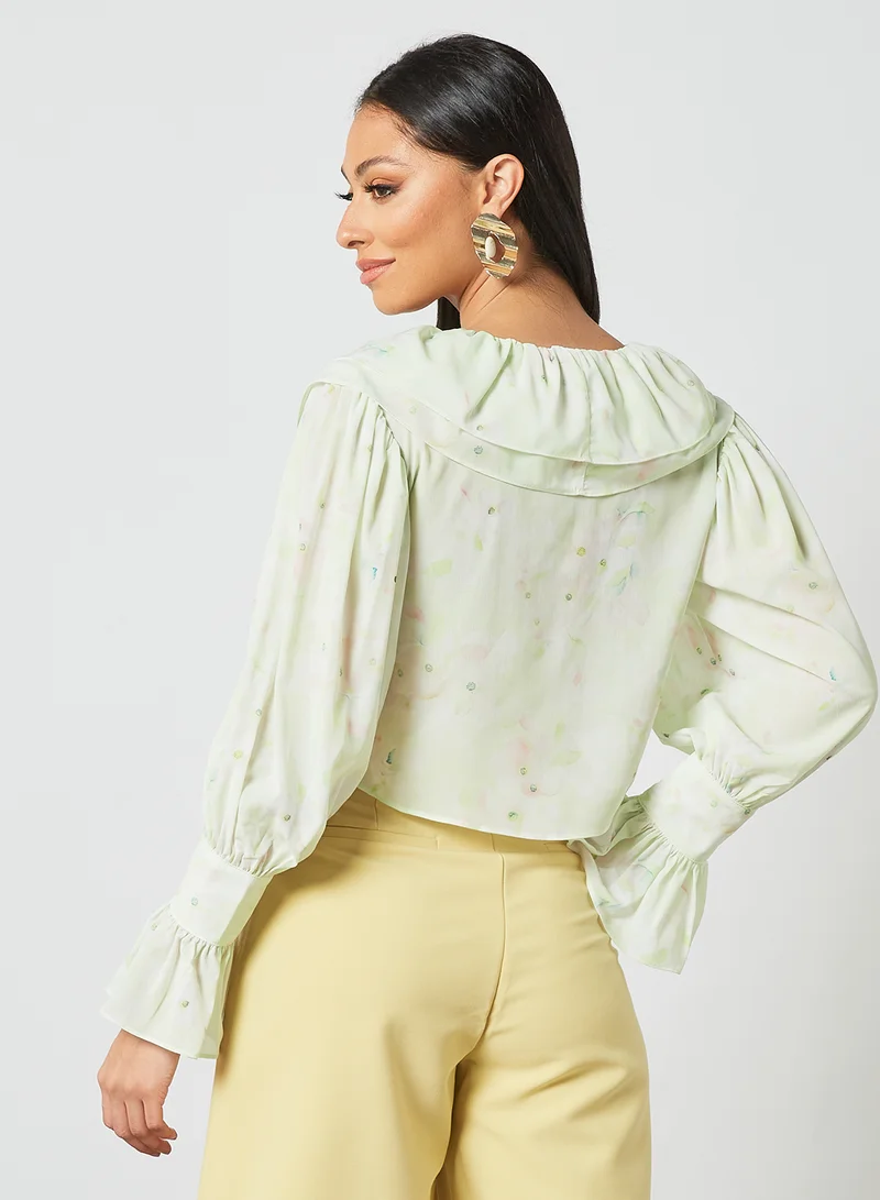 LOST INK Double Frill Neck Chiffon Crop Top Green