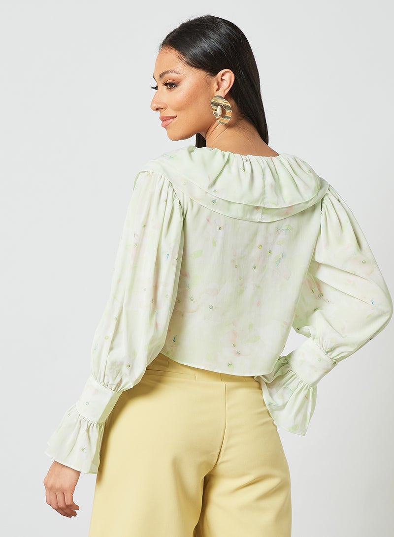 LOST INK Double Frill Neck Chiffon Crop Top Green  - Image 3