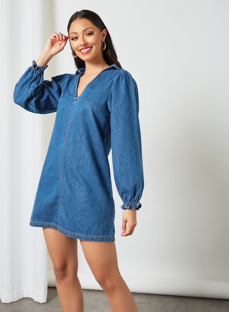 LOST INK Balloon Sleeve Denim Dress Blue  - Image 1
