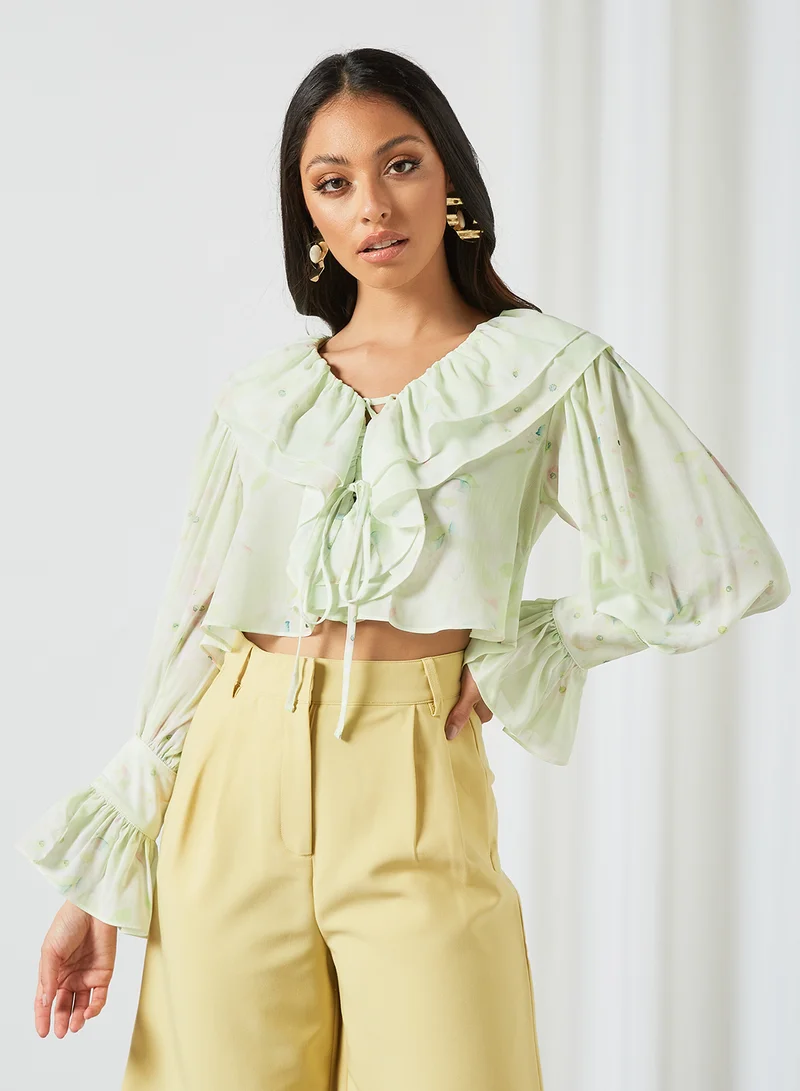 LOST INK Double Frill Neck Chiffon Crop Top