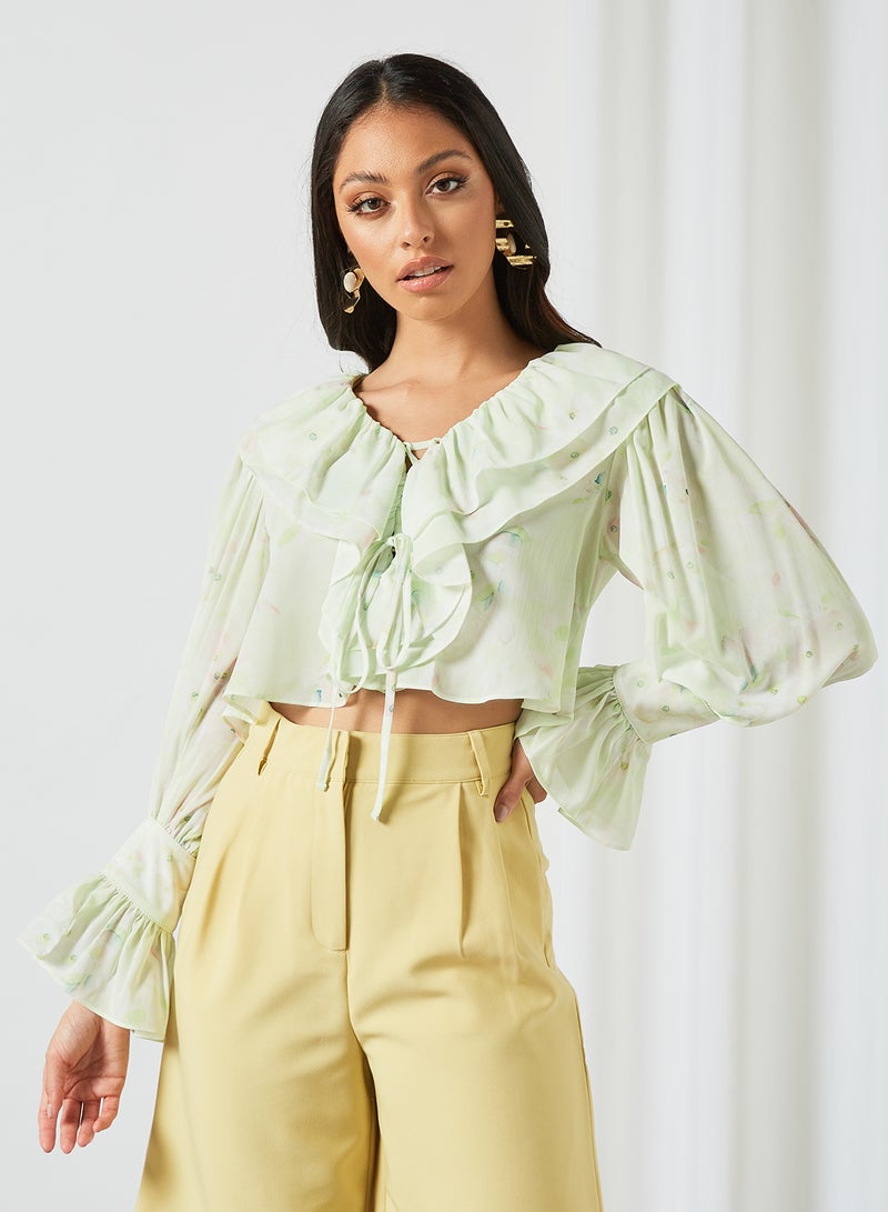 LOST INK Double Frill Neck Chiffon Crop Top Green  - Image 1