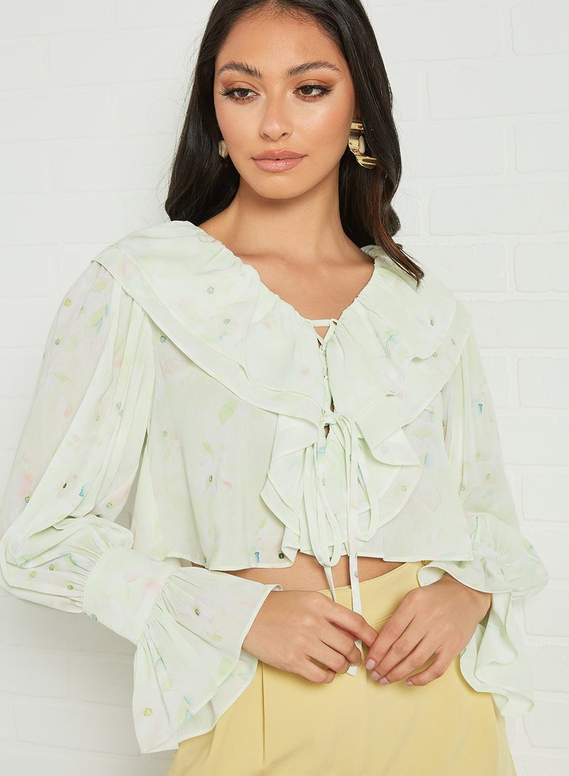 LOST INK Double Frill Neck Chiffon Crop Top Green  - Image 4