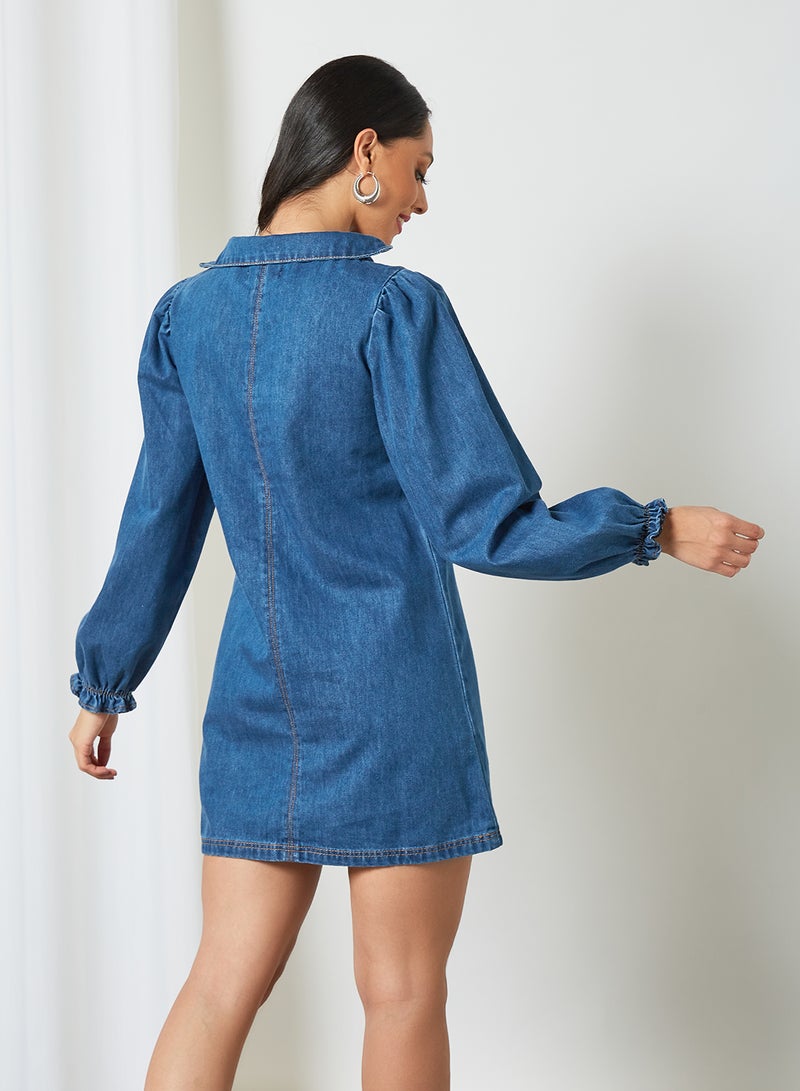 LOST INK Balloon Sleeve Denim Dress Blue  - Image 4