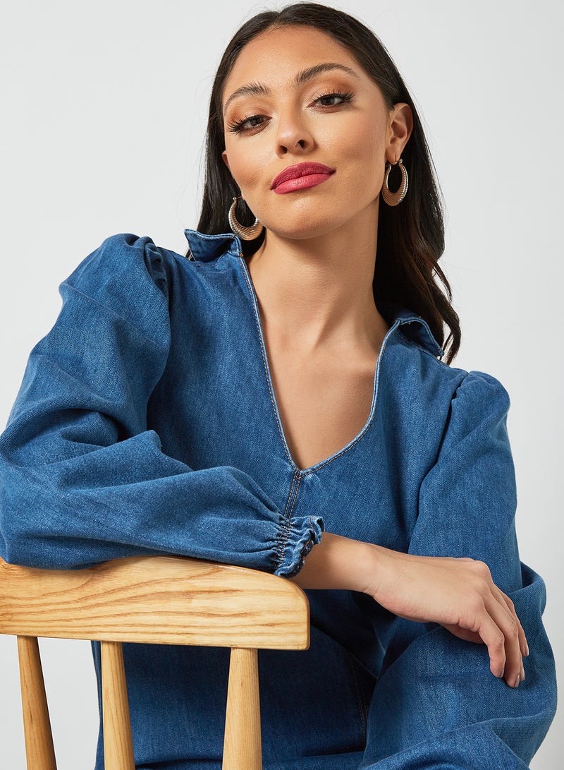 LOST INK Balloon Sleeve Denim Dress Blue  - Image 2