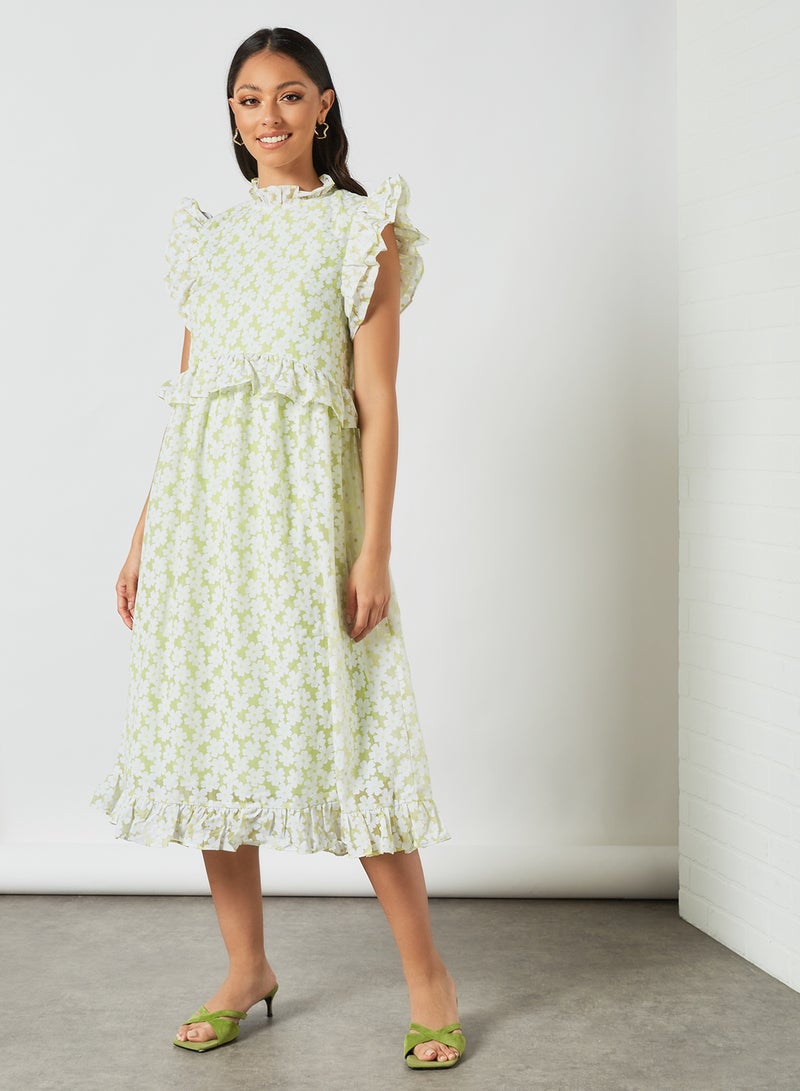 LOST INK - Floral Print High Neck Dress Green - Image 1