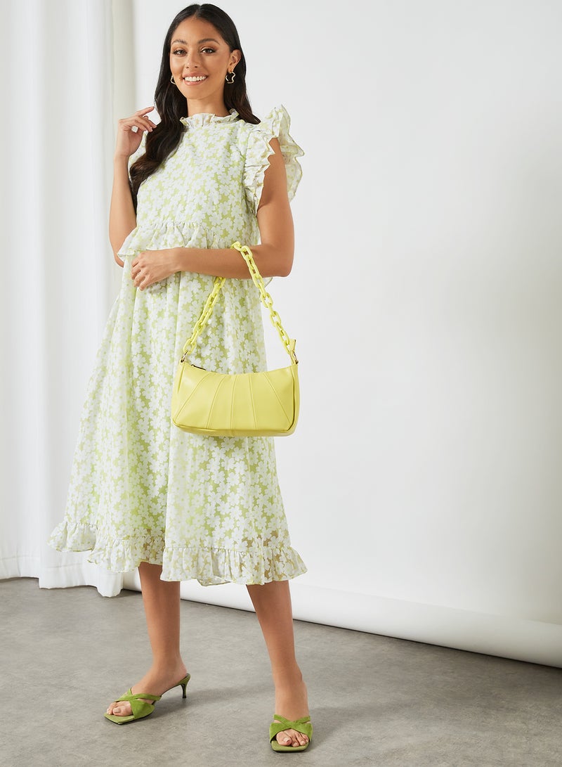LOST INK - Floral Print High Neck Dress Green - Image 1