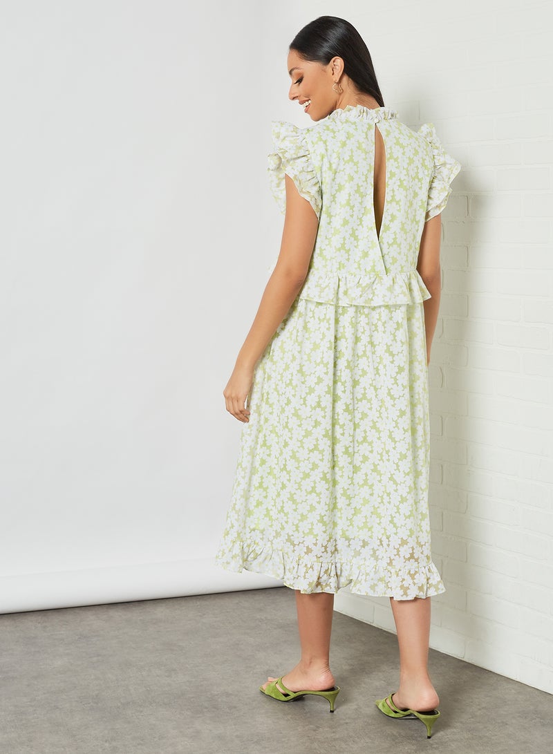 LOST INK - Floral Print High Neck Dress Green - Image 1