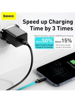 بيسوس طقم شاحن بمقبس جداري ومنفذ USB مع كابل Lightning بمنفذ Type C يدعم الشحن السريع بتقنية PD وقدرة 20 وات متوافق مع آي باد 9 الجديد وآي باد برو 2021 وهواتف آيفون 13/13 برو/13 برو ماكس/13 ميني/12 برو/11 برو أسود  - Image 2