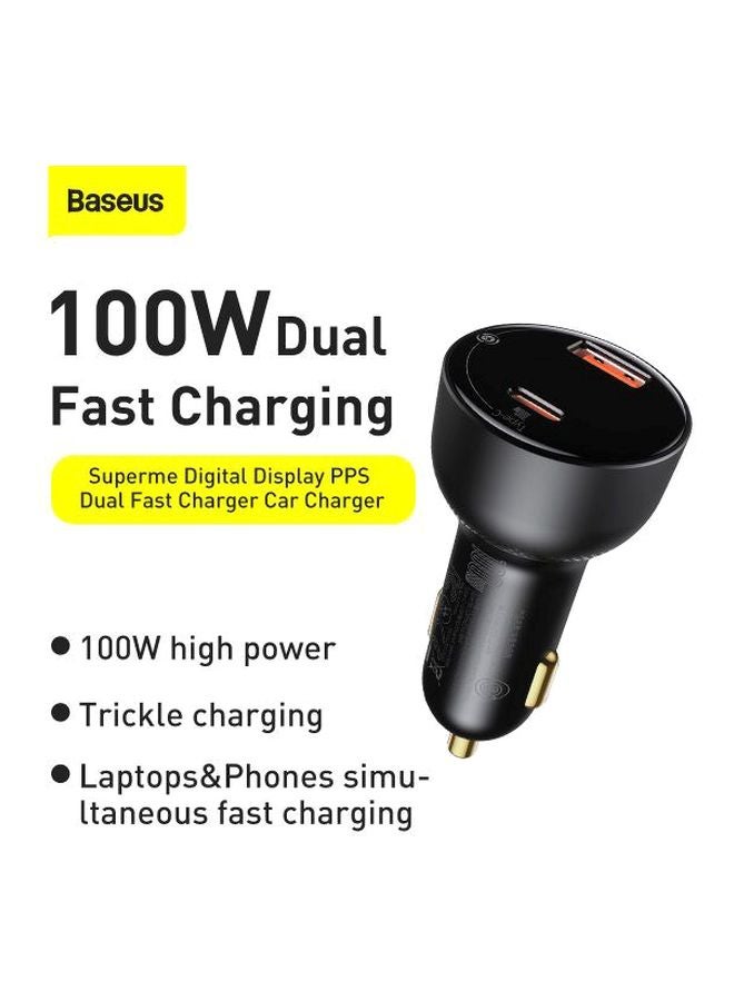 Baseus - Digital Display Fast Car Charger Adapter 100W Dual USB Quick Charge QC 3.0 and PD 3.0 Fast Charging Car Plug for iPhone 13 Pro/13 Pro Max/13/13 mini/12 Pro Max/11Pro Max, New iPad 9,iPad mini-6,Galaxy S20 S10,etc Black - Image 1