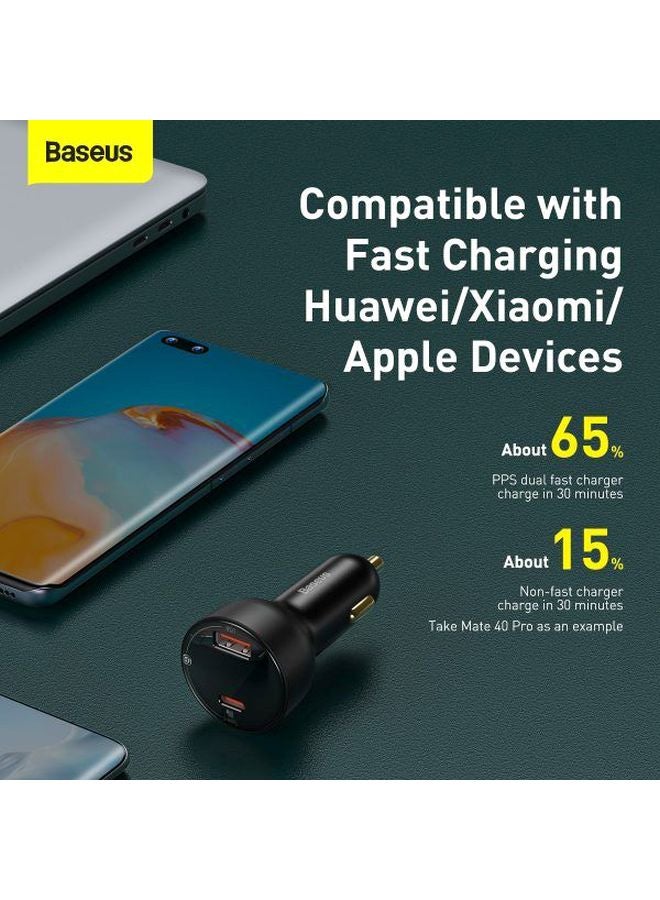 Baseus - Digital Display Fast Car Charger Adapter 100W Dual USB Quick Charge QC 3.0 and PD 3.0 Fast Charging Car Plug for iPhone 13 Pro/13 Pro Max/13/13 mini/12 Pro Max/11Pro Max, New iPad 9,iPad mini-6,Galaxy S20 S10,etc Black - Image 1