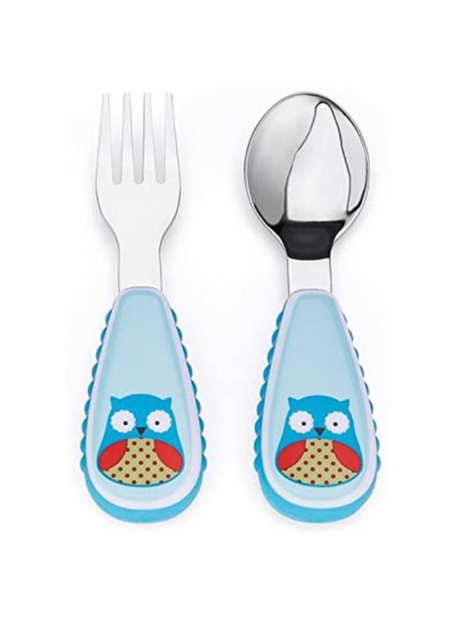 Owl Printed Zootensils Fork And Spoon Set - Silver/Blue