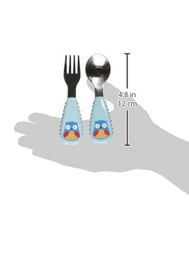 Owl Printed Zootensils Fork And Spoon Set - Silver/Blue