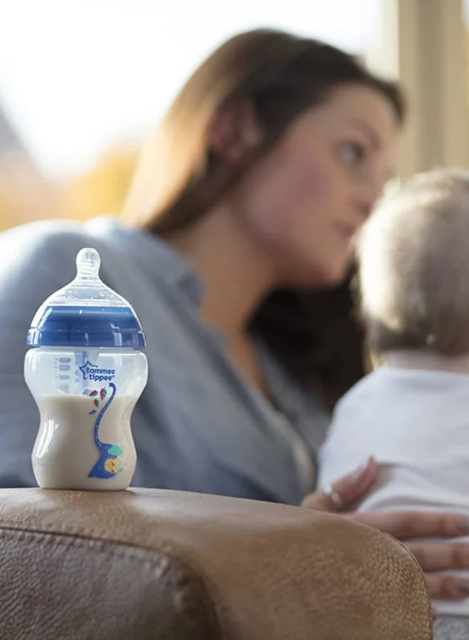 tommee tippee Anti-Colic Plastic Baby Feeding Bottle With Ultra Soft Nipple,3+ M, 340ml - Clear/Blue